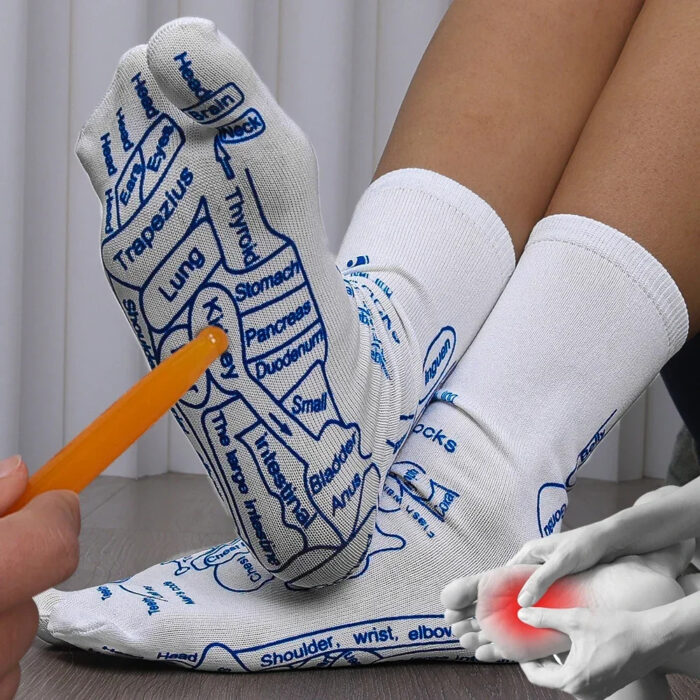 a pair of Feet in Acupressure Reflexology Socks in white with blue Reflex Zones printed on it for DIY Foot Massage Points / Physiotherapy Socks for Tired Feet Relief. A hand with the Acupoint Tool in Amber Colour is pointing / pressing into a point to demonstrate How It Works. Below a Foto that shows a red graphic of a typical pain point - Available in Shop QuVin.ch